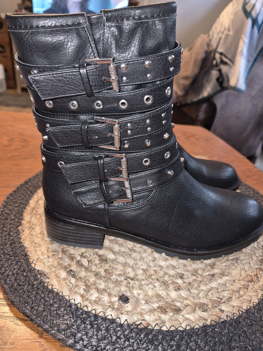Fergalicious Black Studded Buckle Moto Boots